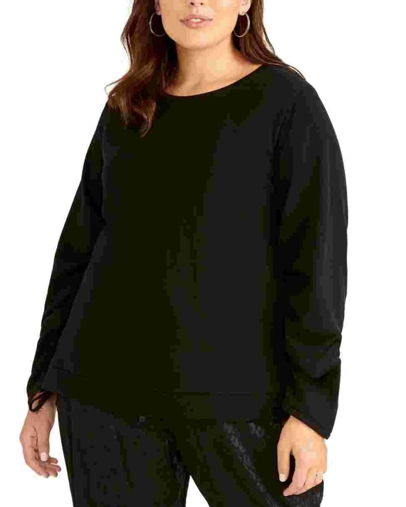 Front of a model wearing a size 2X Rachel Roy Women's Trendy Plus Size Liya Drawstring-Sleeve Sweatshirt Black Size 2X in Black by Rachel Roy. | dia_product_style_image_id:313954